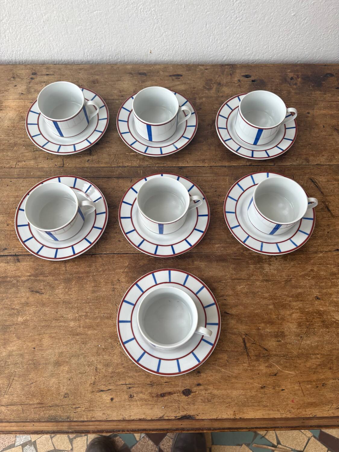 Set of 7 vintage Basque ceramic cups – blue stripes and
