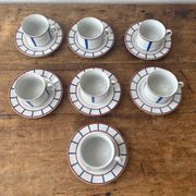 Ensemble de 7 tasses basques vintage en céramique – rayures bleues et