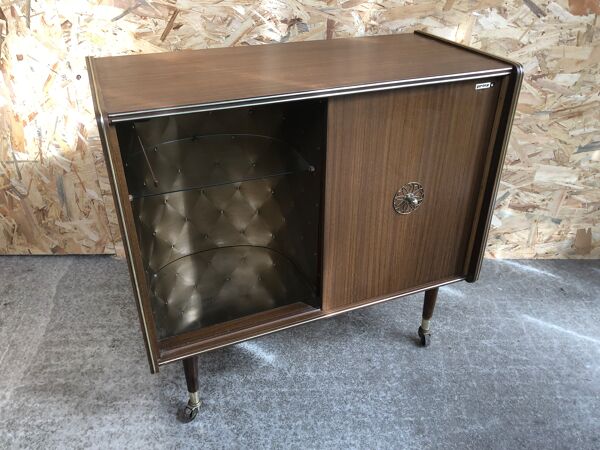 Meuble hifi prinz bois avec porte intérieur capitonné & verre audio vintage