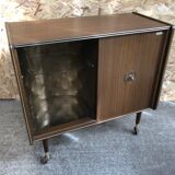Meuble hifi prinz bois avec porte intérieur capitonné & verre audio vintage