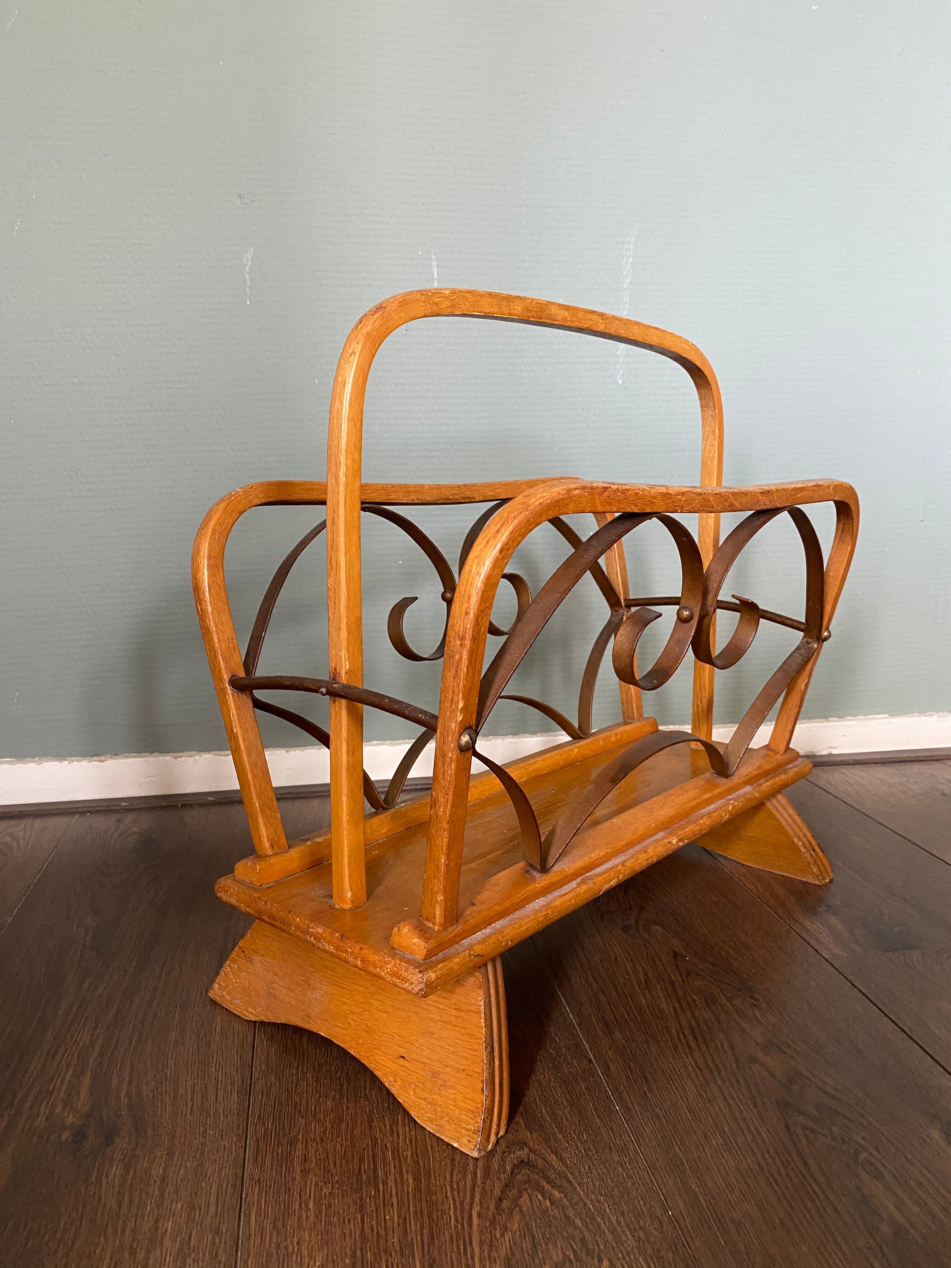 Vintage Wood and Brass Magazine Rack, 1930s