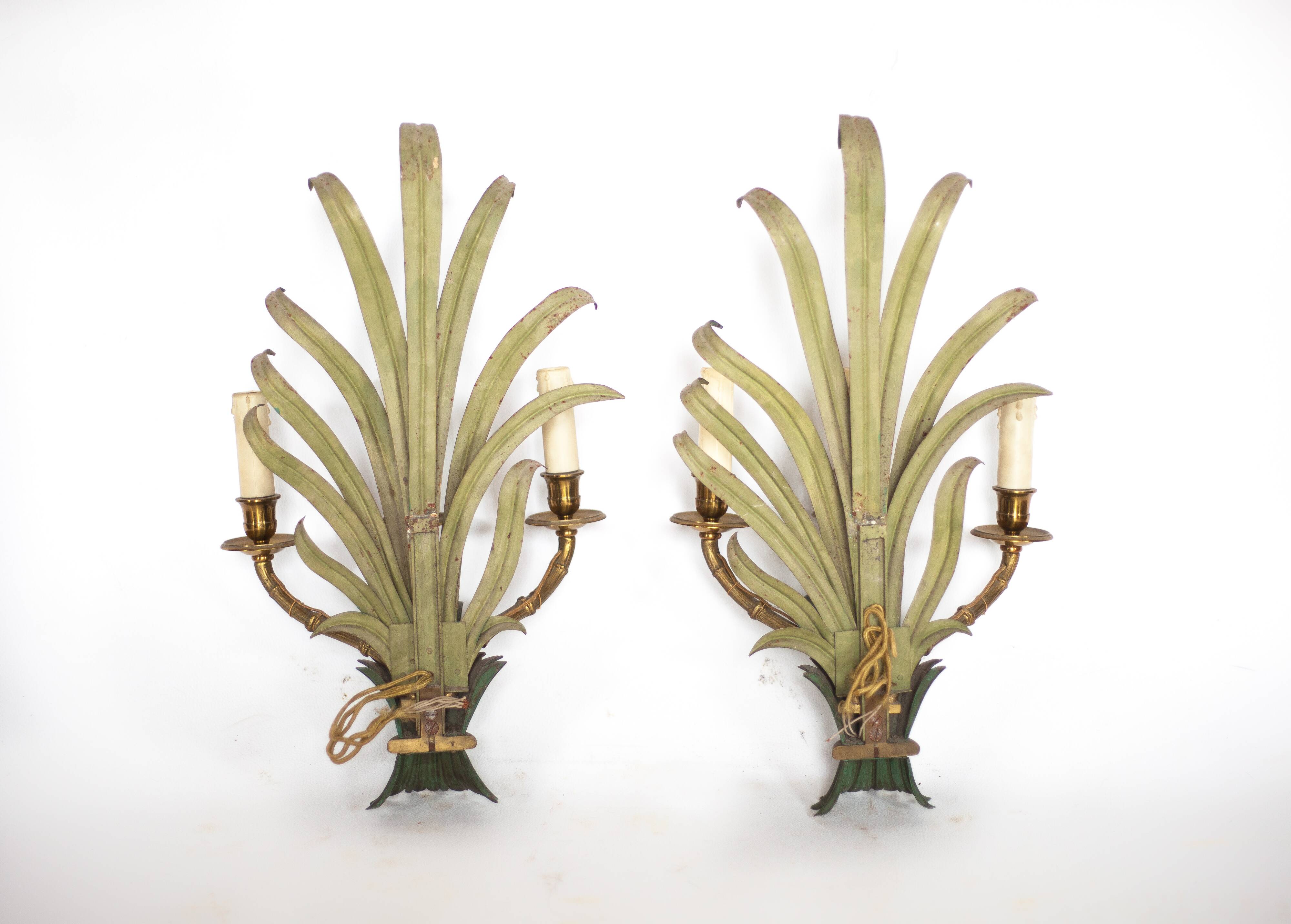 Pair of Maison Baguès wall lights with faux bamboo bronze and metal arms.