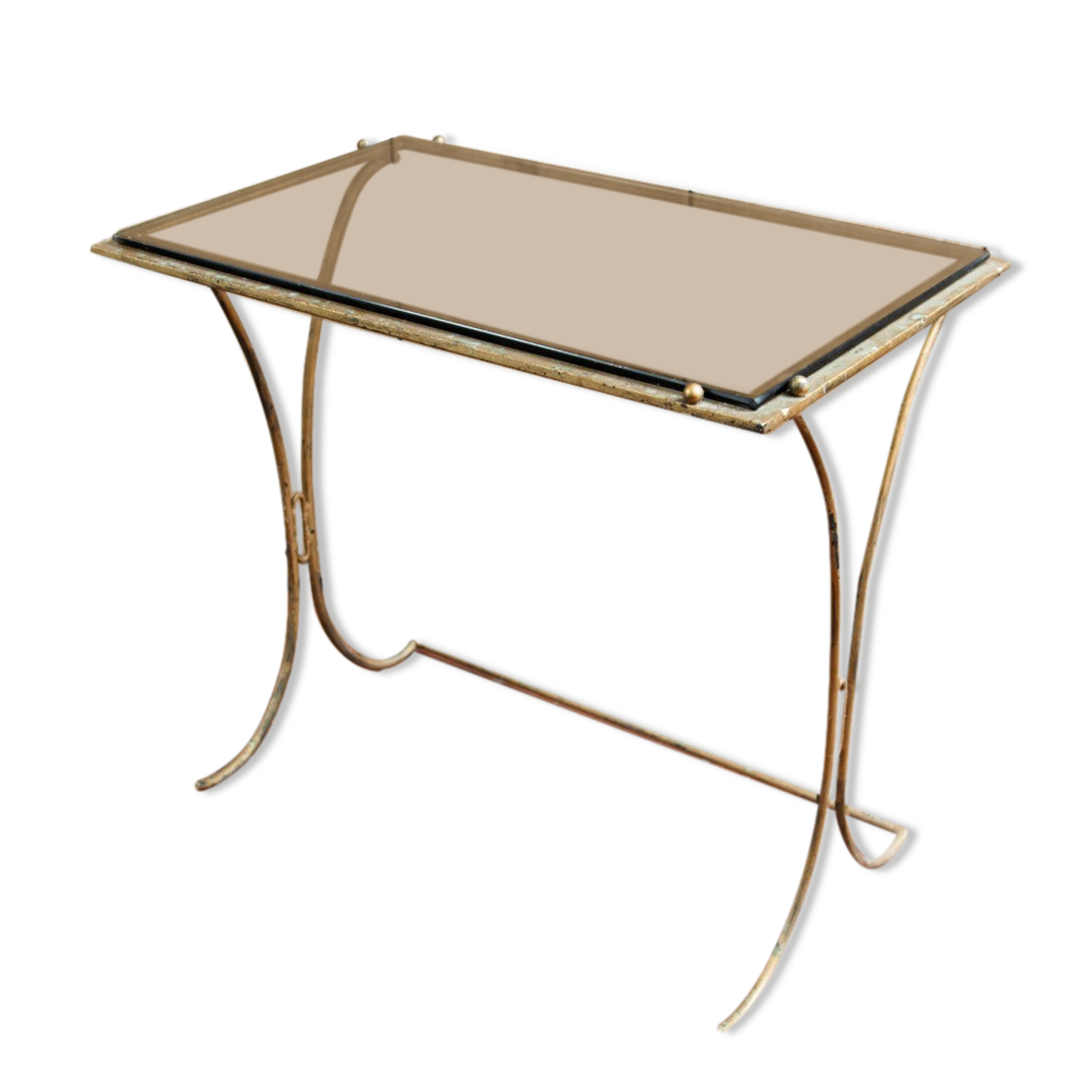 Sofa end, coffee table, wrought iron and glass