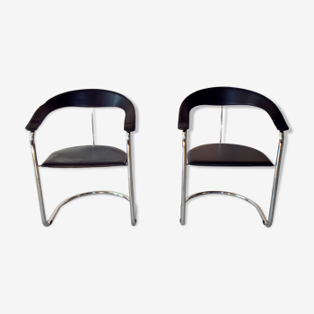 Pair of Bauhaus armchairs in leather and chrome, 70/80s