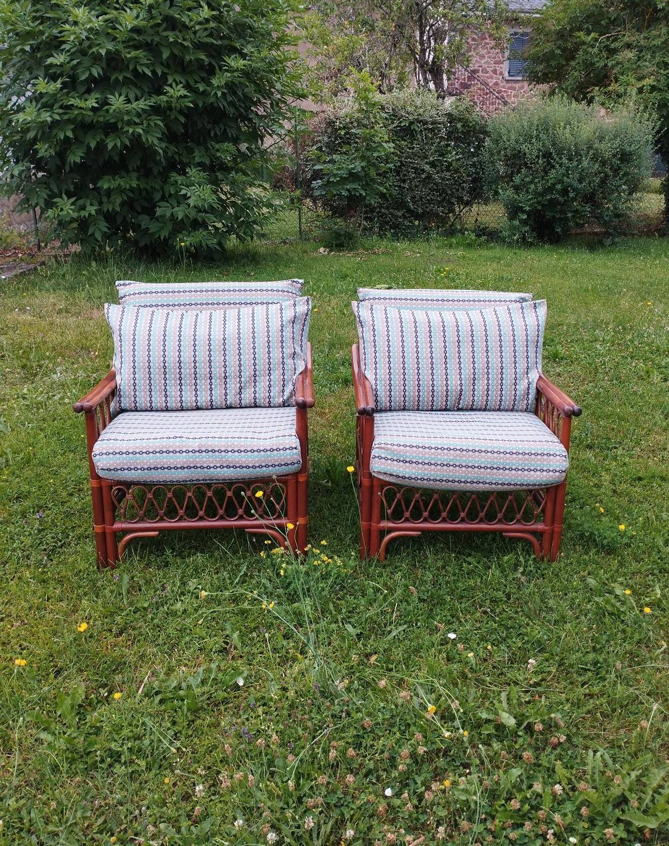 Pair of glacier blue rattan armchairs French Riviera vintage ép