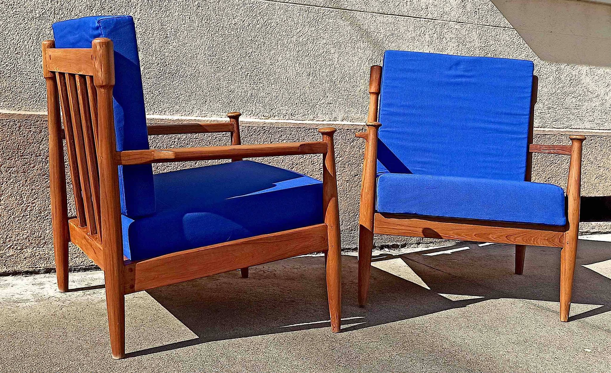 Pair of 1960s Scandinavian armchairs with blue cushions
