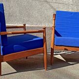Pair of 1960s Scandinavian armchairs with blue cushions