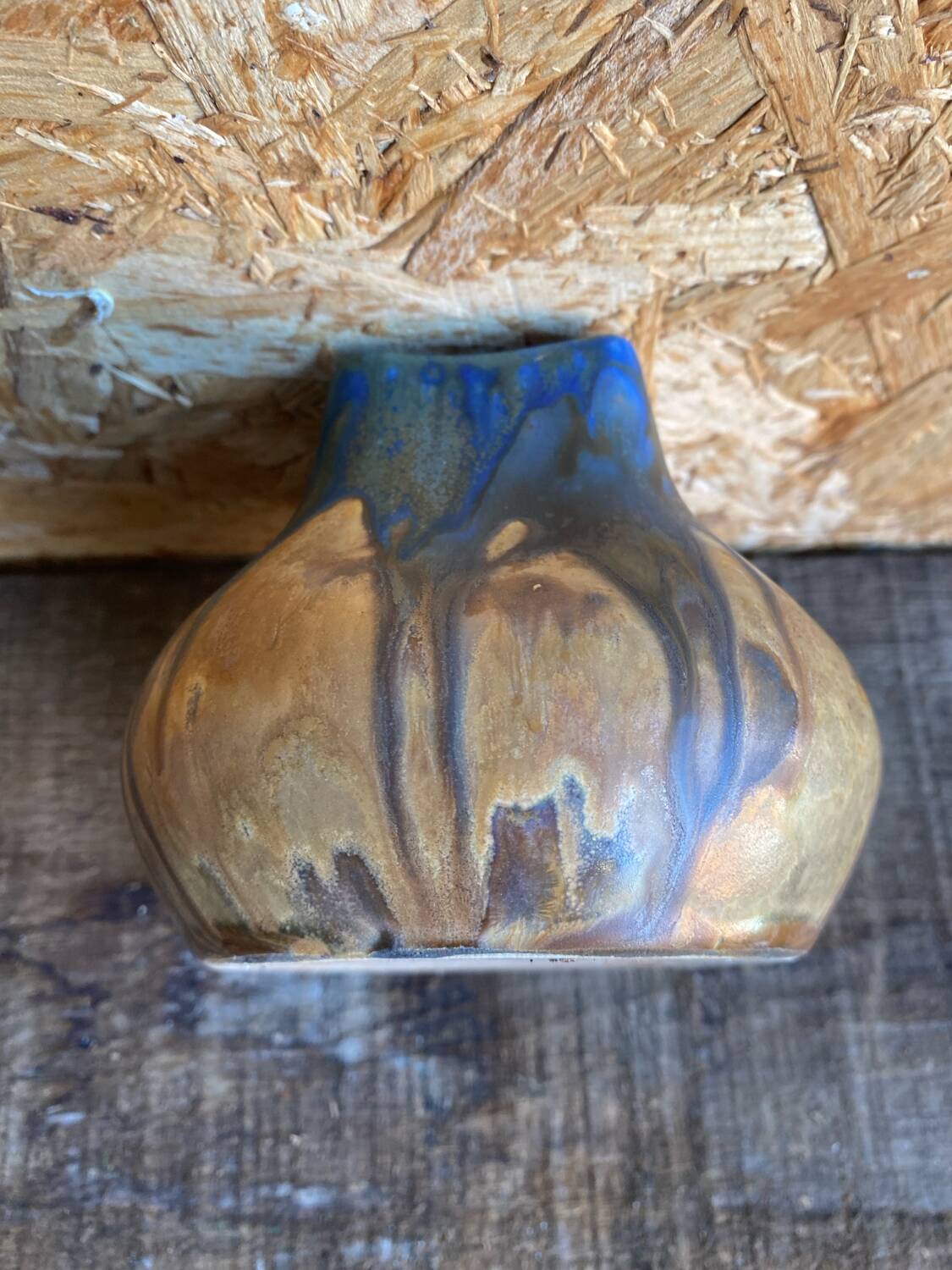 Ancient Vase GILBERT METENIER Beige Stoneware Blue Glazes Vallauris Vintage