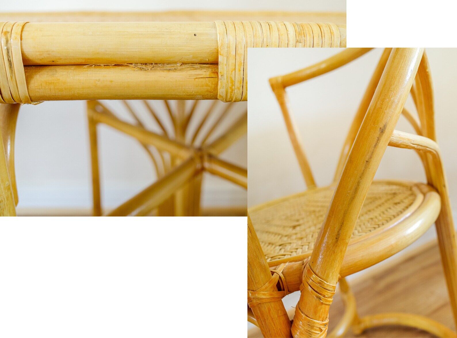 Bamboo Bistro Set / Table and Chairs Dining Set / Outdoor Cane Wicker, Mid Century Patio Furniture