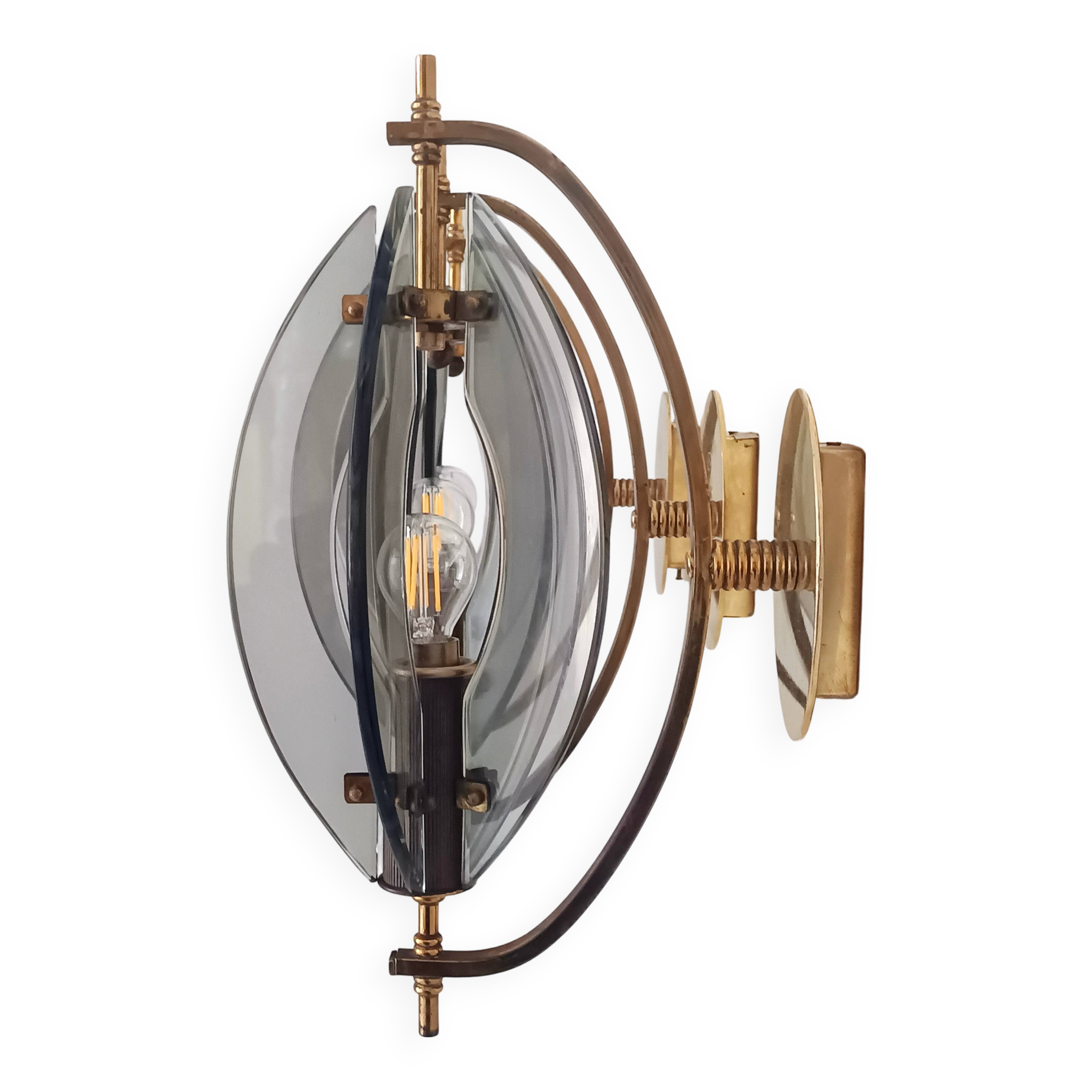 Smoked Glass and Brass Applique / Wall Light by Gino Paroldo