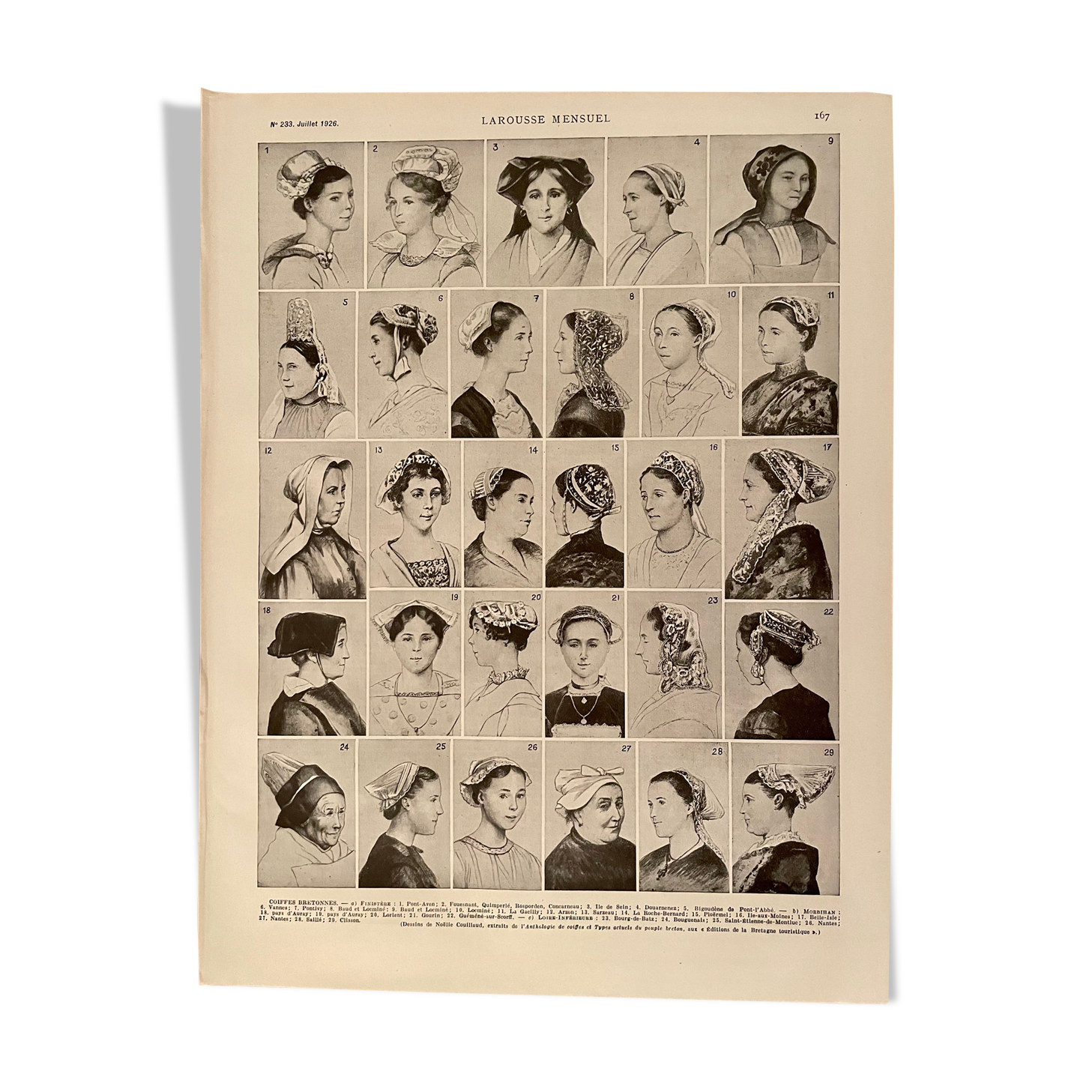 Lithograph on breton headdresses from 1926 (Finistère Morbihan Loire Inférieure)