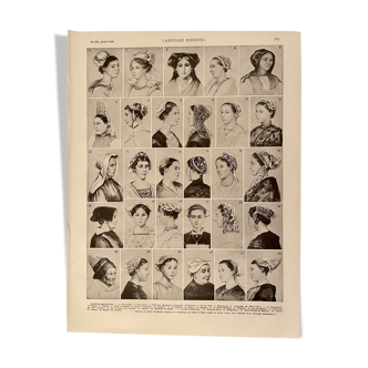 Lithograph on breton headdresses from 1926 (Finistère Morbihan Loire Inférieure)
