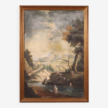 Grande peinture de paysage à la détrempe sur papier du XVIIIe siècle