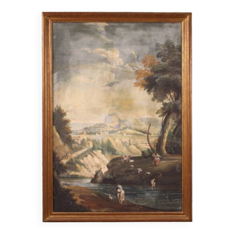 Grande peinture de paysage à la détrempe sur papier du XVIIIe siècle