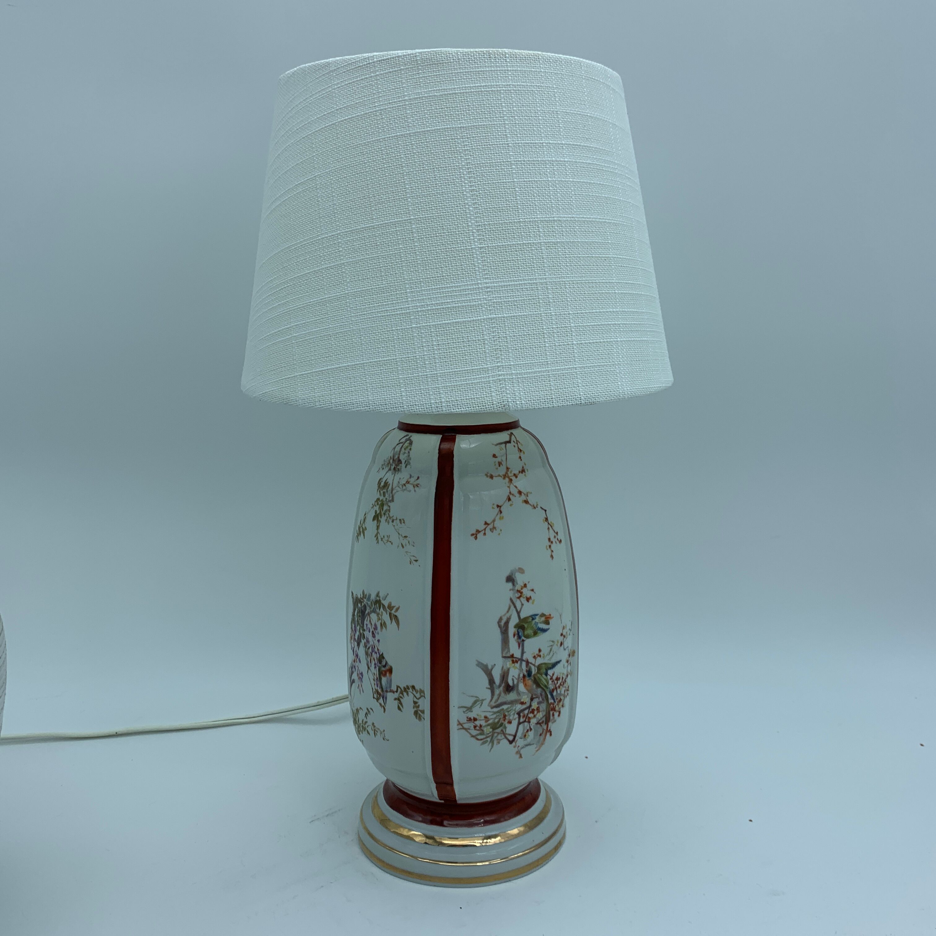 Foot antique porcelain lamp has early 20th century bird decoration (Limoges Paris?)