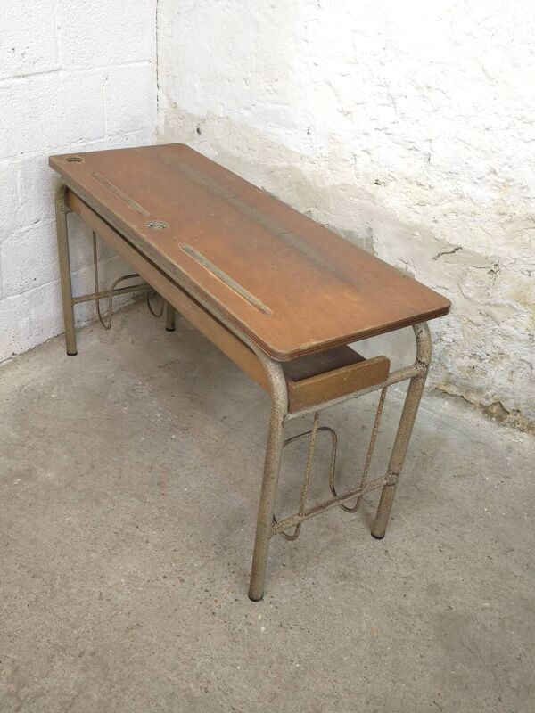 Bureau double d'écolier 1960 en chêne