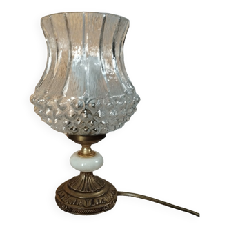 Retro table lamp with bronze base, textured molded tulip globe