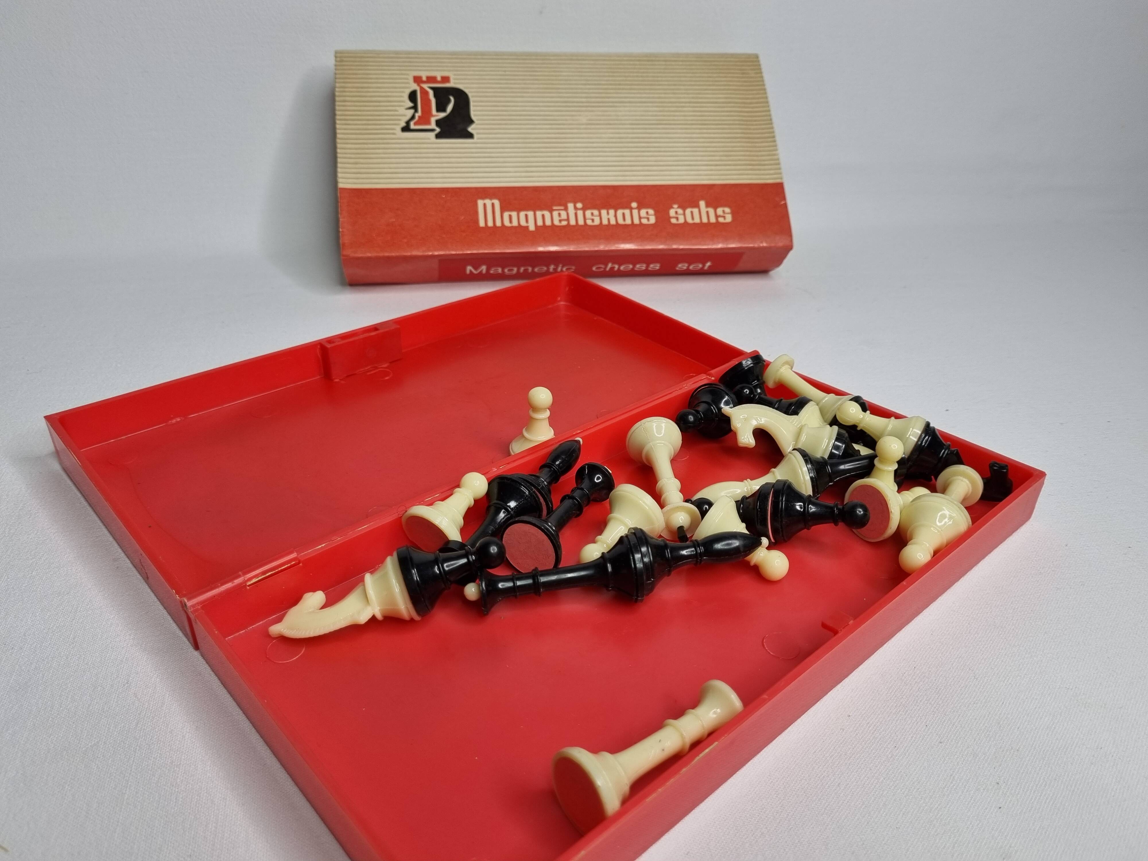 Vintage 80s Latvian Travel Magnetic Chess Set Complete with Pieces and Board