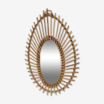 Miroir soleil forme ovale en rotin vintage années 1960/1970