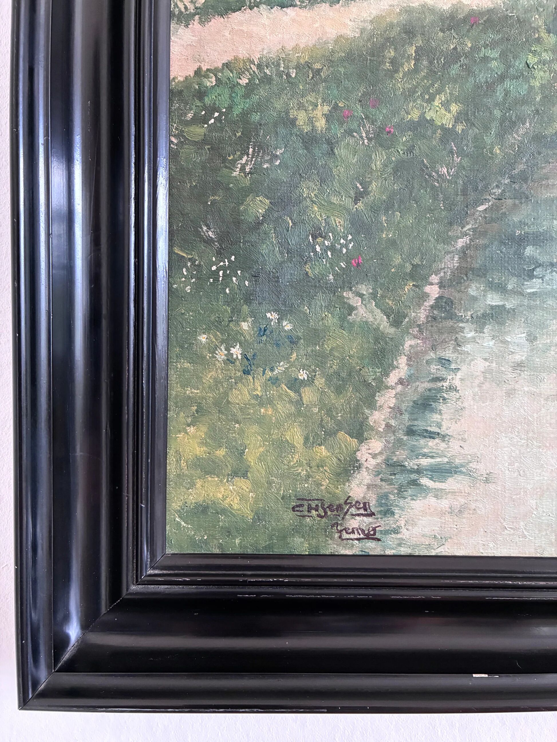 Vintage original landscape oil painting, signed farmhouse art