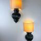 Pair of Art Deco wall lights with shades in glazed cast ceramic,Italy,1970s