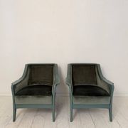 Pair Lounge Chairs in green velvet and lacquered wood, France, 1950