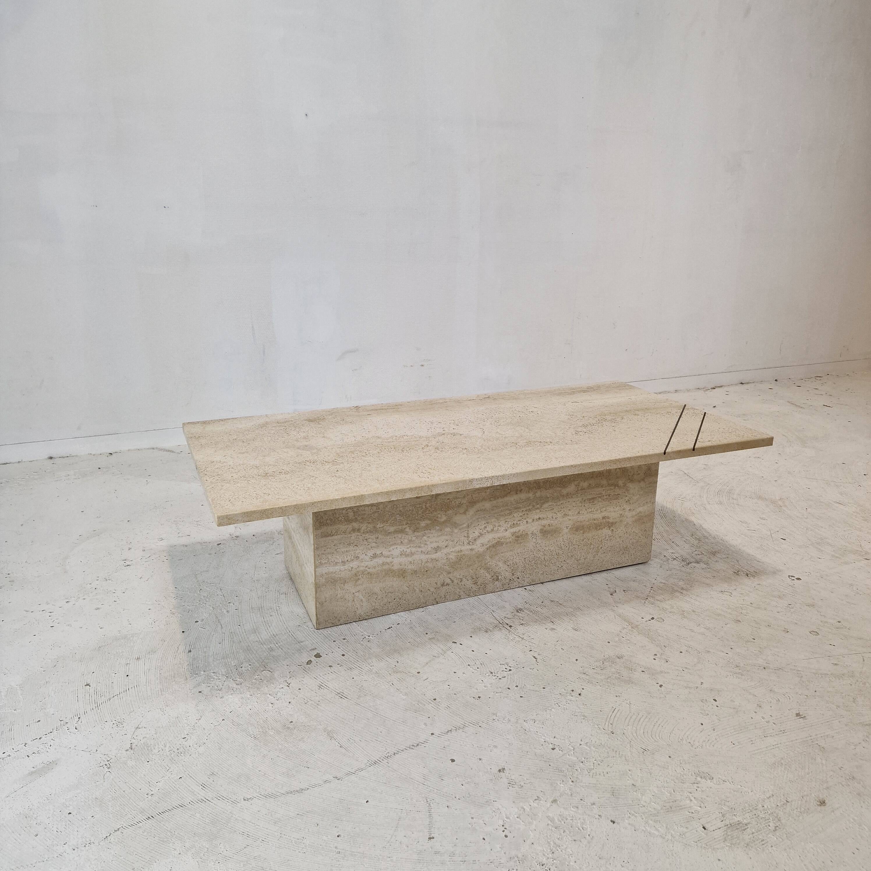 Rectangle Travertine Coffee or Side Table with Brass, Italy 1980s