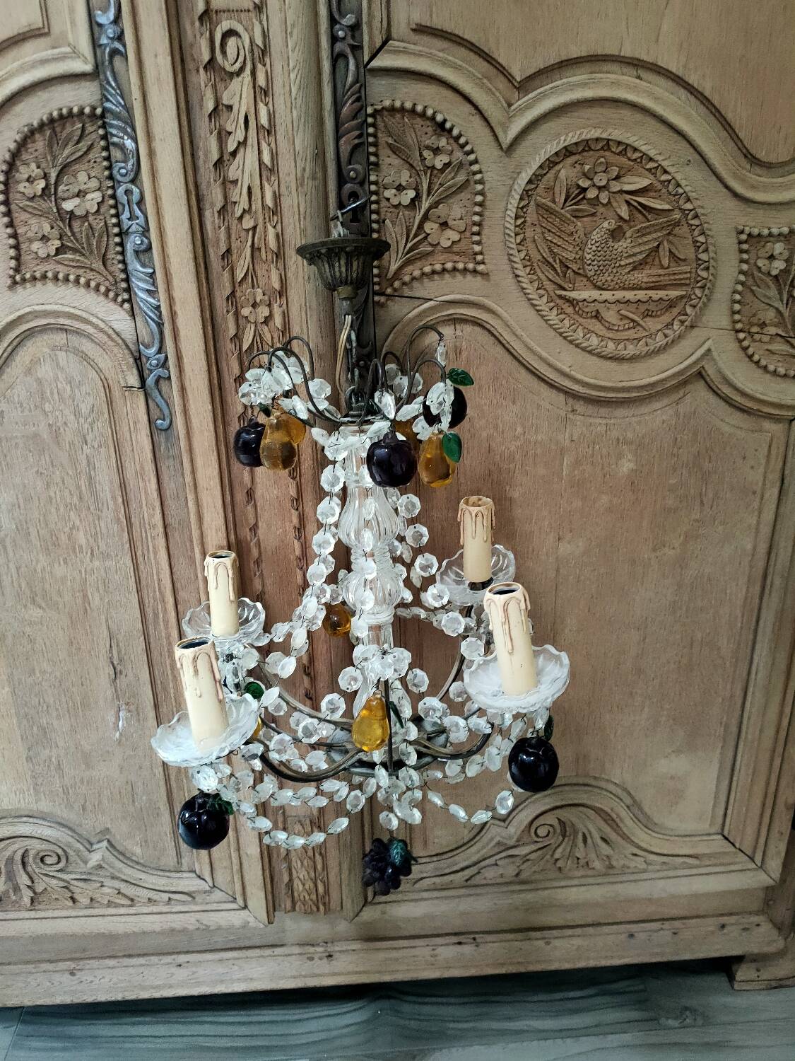 Golden bronze chandelier with fruit pendants