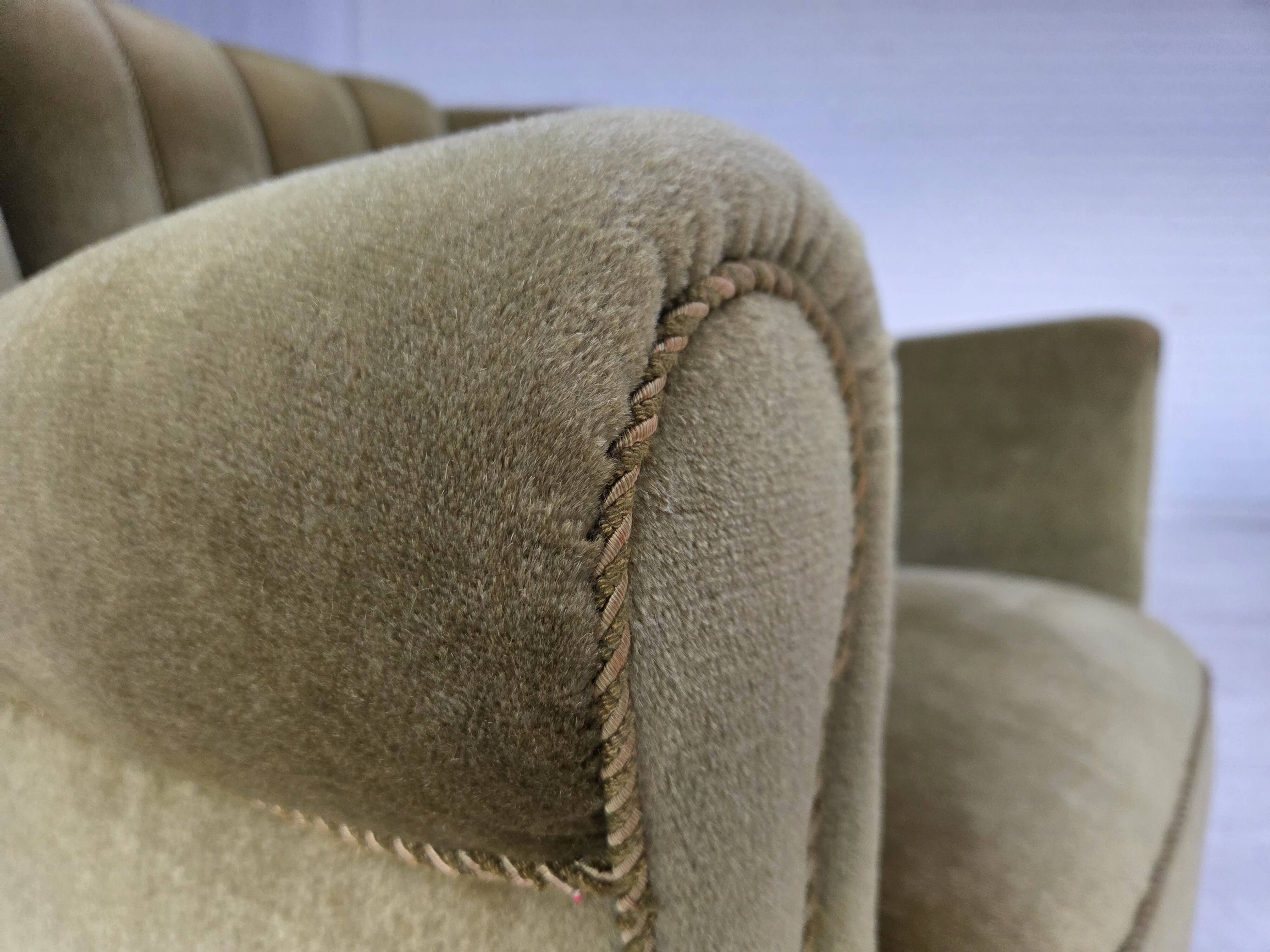 1960s, Danish relax armchair, original green furniture velour, beech wood.