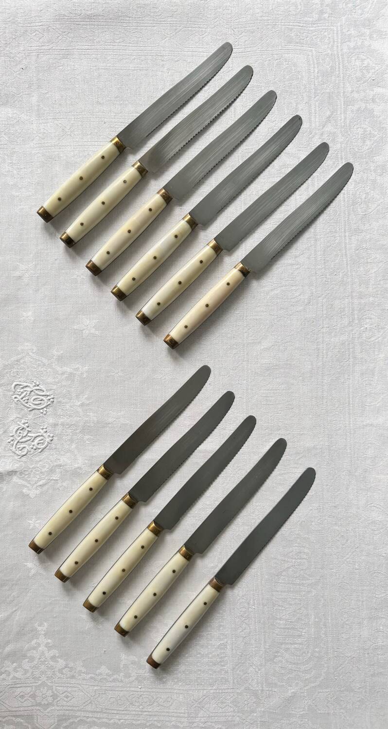 Series of 11 vintage serrated table knives