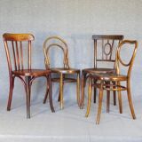 Set of 4 mismatched bistro chairs, 1900 to 1930 with wooden seats, Thonet, Baumann