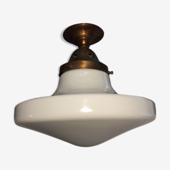 Lampe plafonnier ancien cuivre et opaline 1960