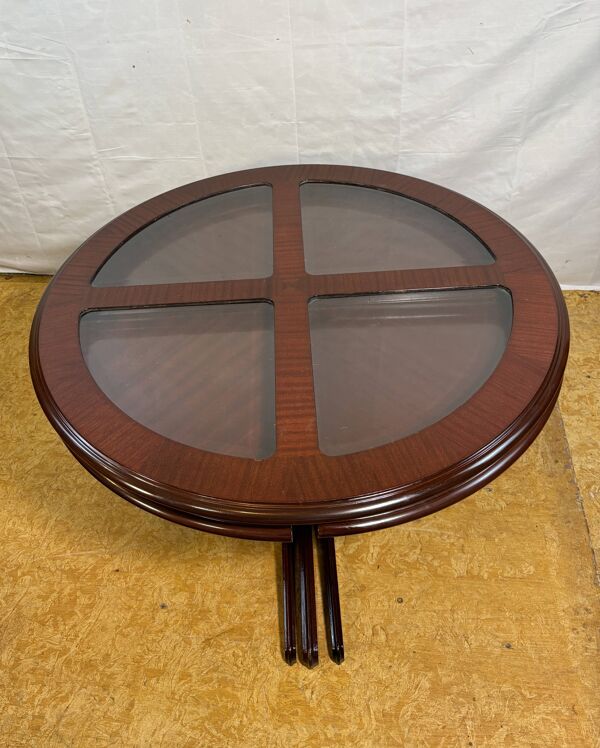 Table basse ronde vintage G-Plan et 4 tabourets empilables   Années 1970   Acajou et verre