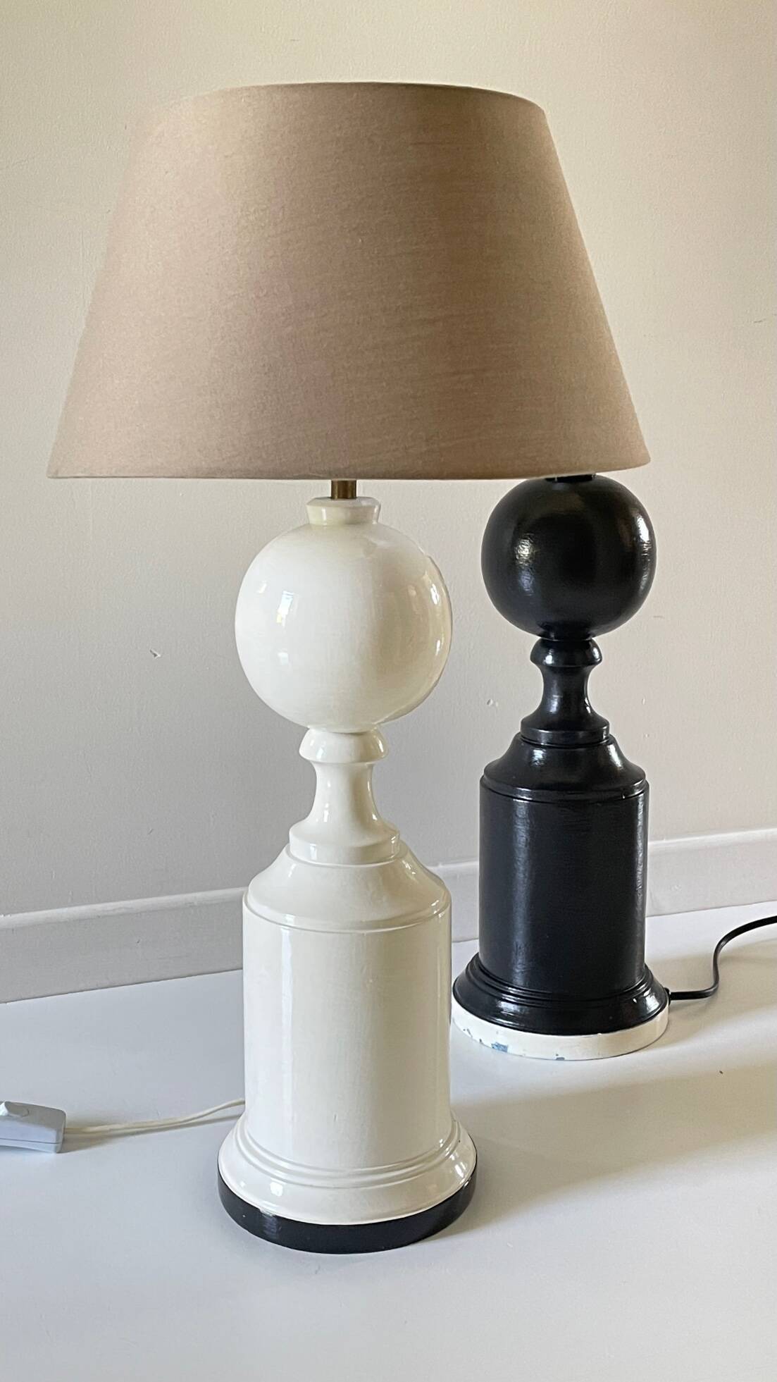 2 Vintage Black and White Turned Wood Lamp Bases