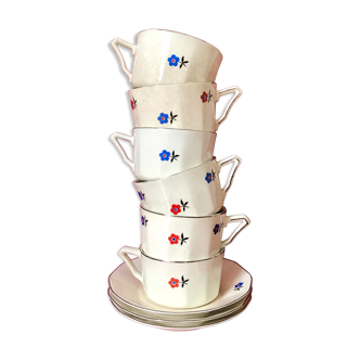 Service à café à fleurs rouge et bleu des années 50 de Tchecoslovaquie