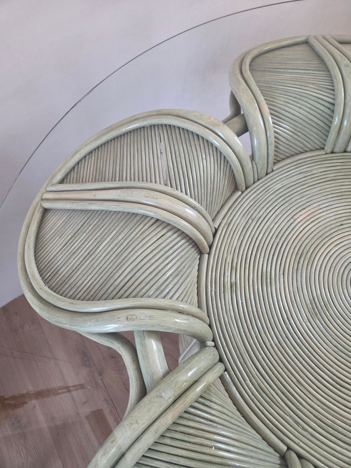 Dining table with a floral design in rattan, 1970.