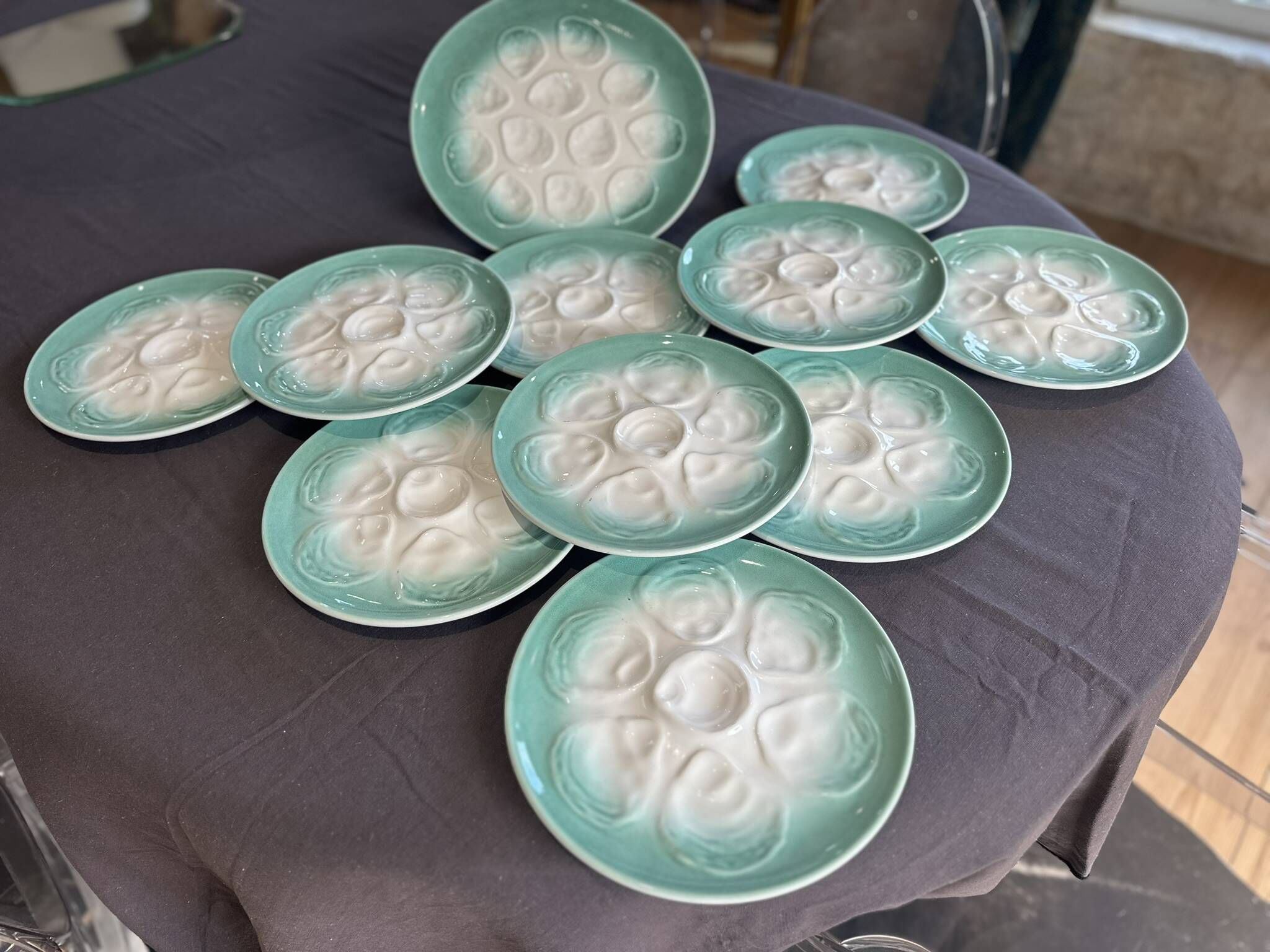 Niderviller sea-green earthenware oyster plates, set of 10 + dish