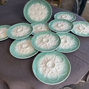 Niderviller sea-green earthenware oyster plates, set of 10 + dish