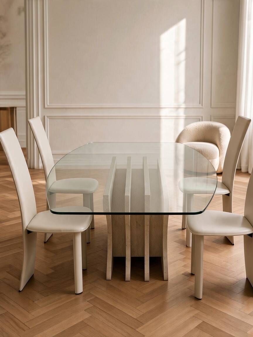 Large vintage dining table in beige stone and glass – 220 cm