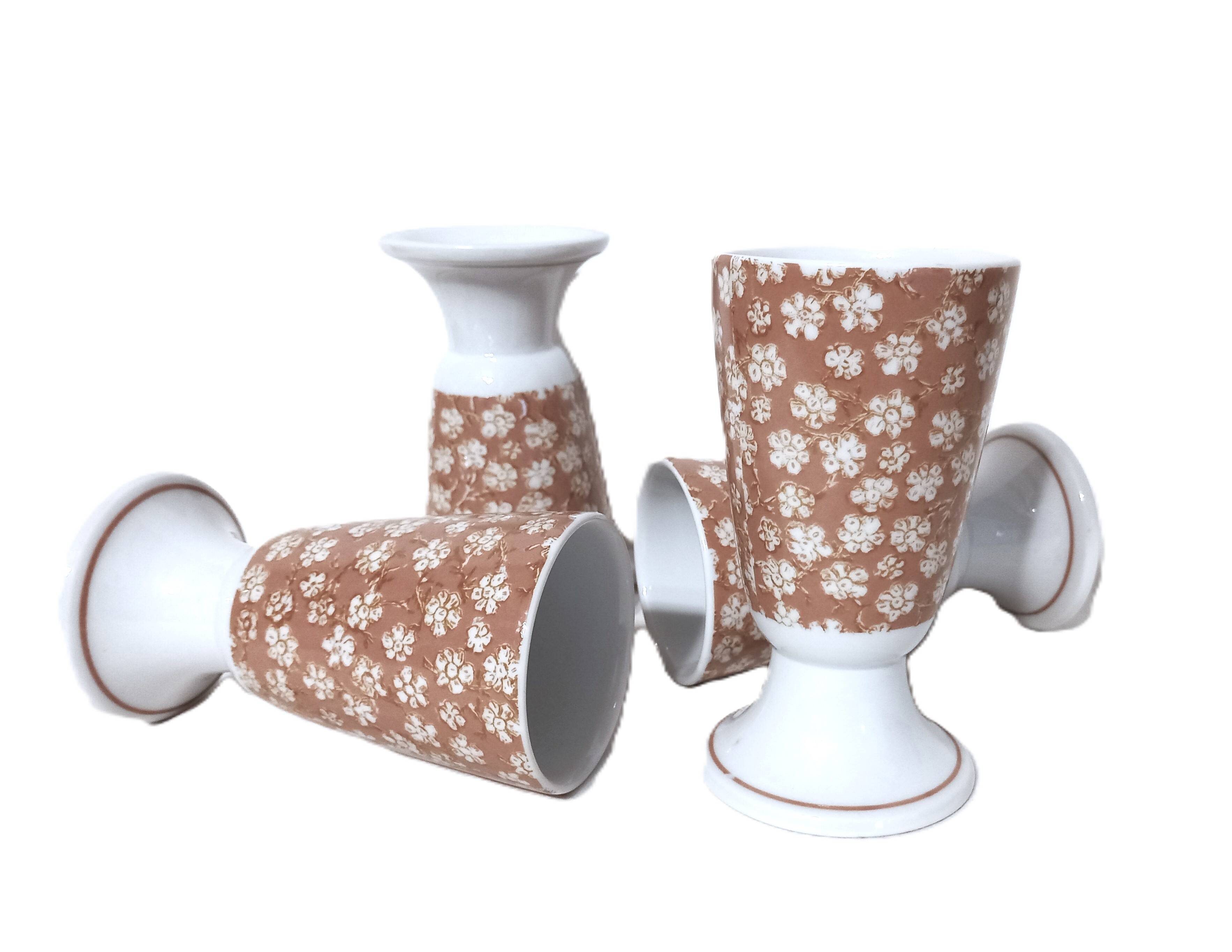 Mazagrans Coffee Cups Set of 4 with Salmon Pink Floral Decor