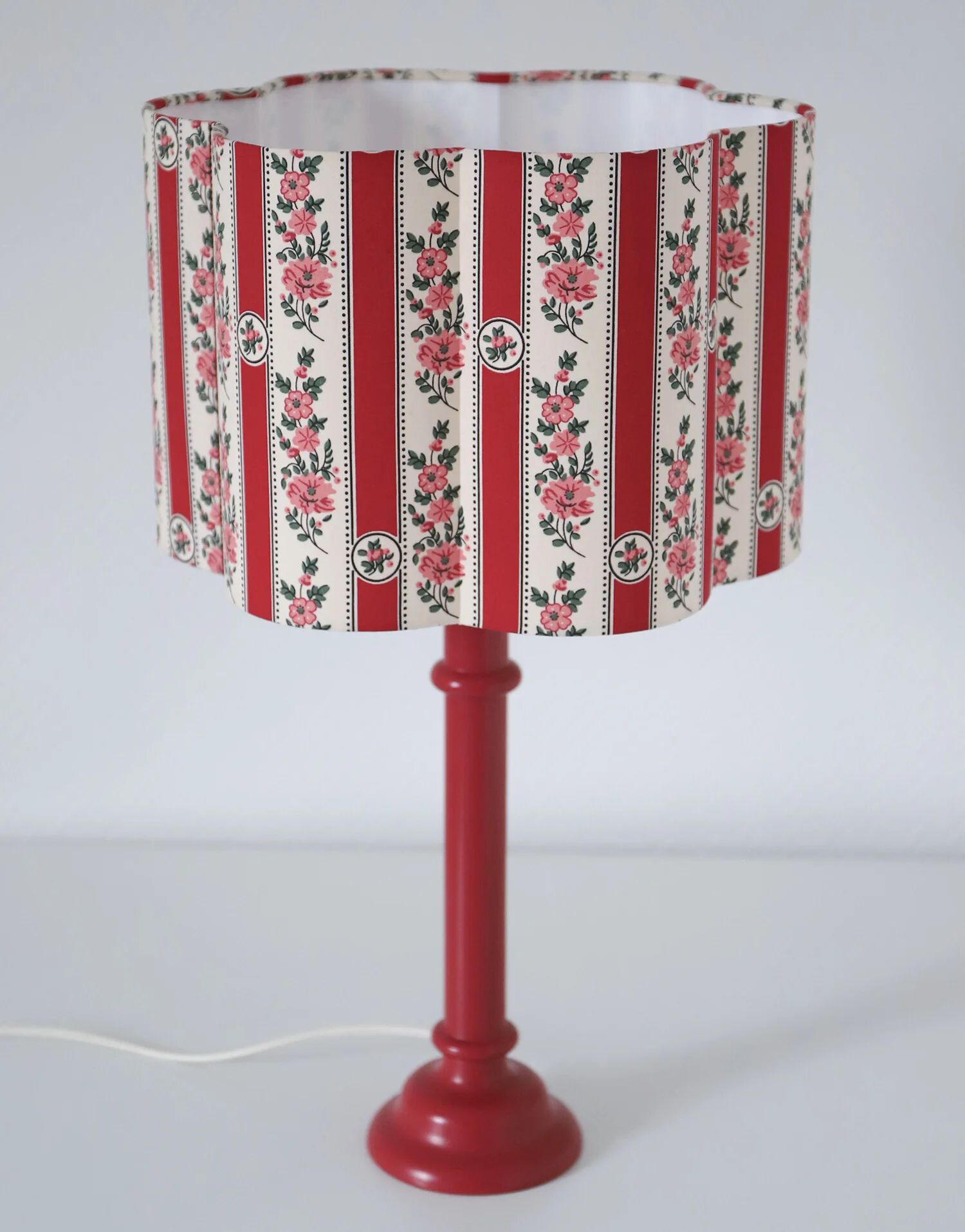 Recycled vintage lamp — turned red wooden base, floral shade