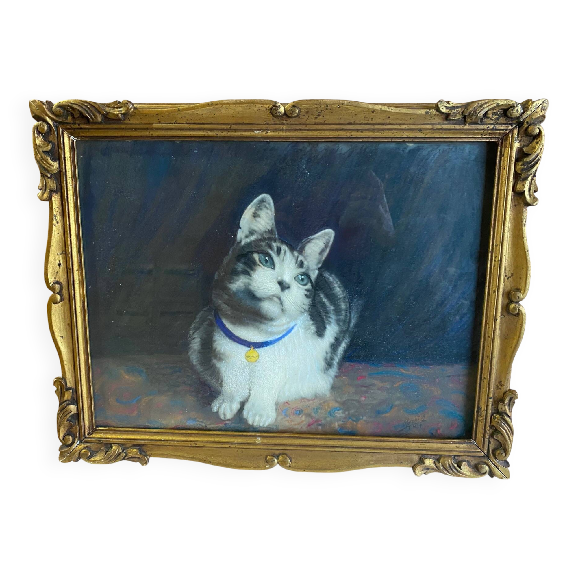 Animal painting cat minouche in gouache signed morris 1934 wooden frame