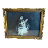 Animal painting cat minouche in gouache signed morris 1934 wooden frame