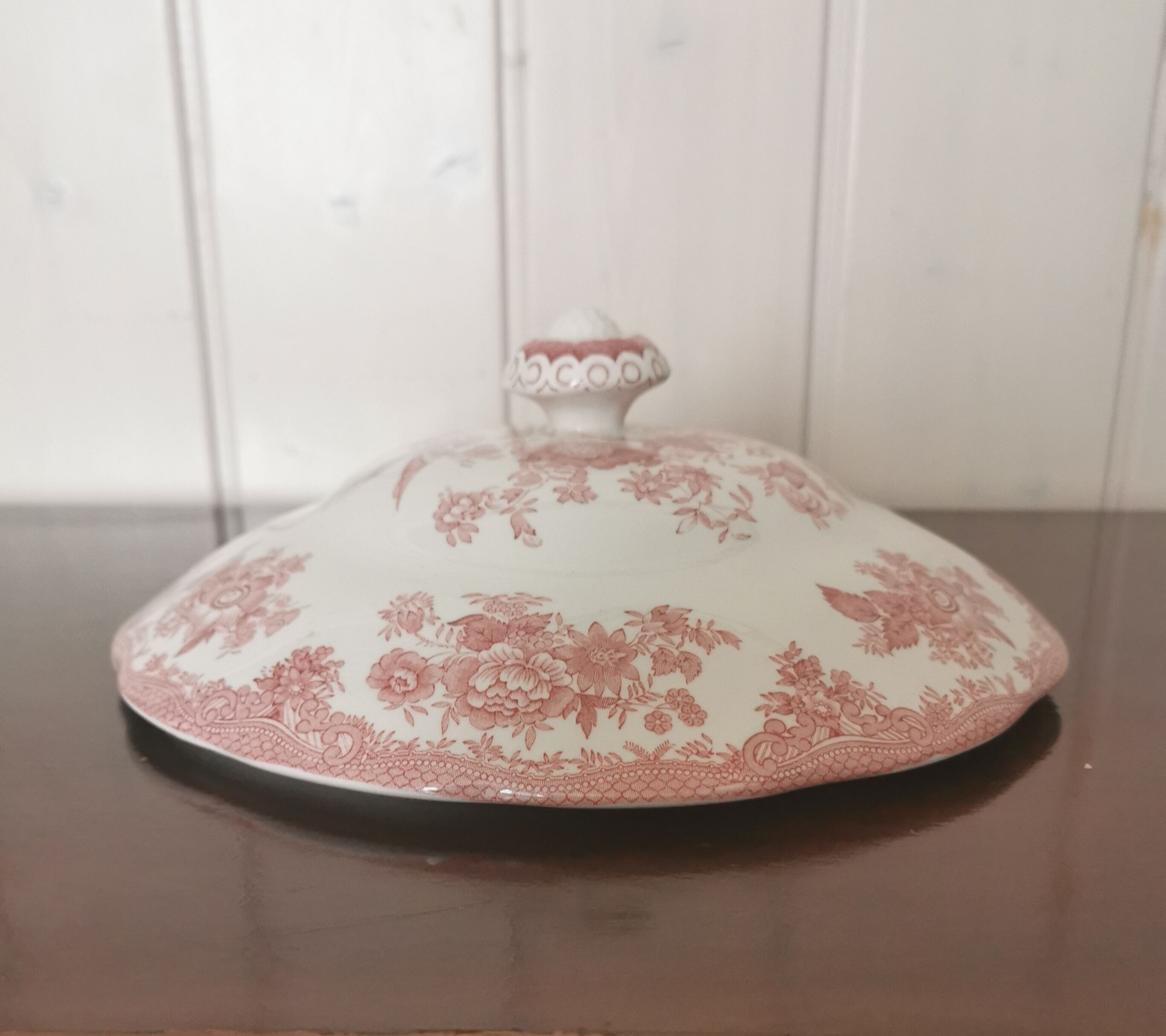 English soup bowl with purple floral motifs