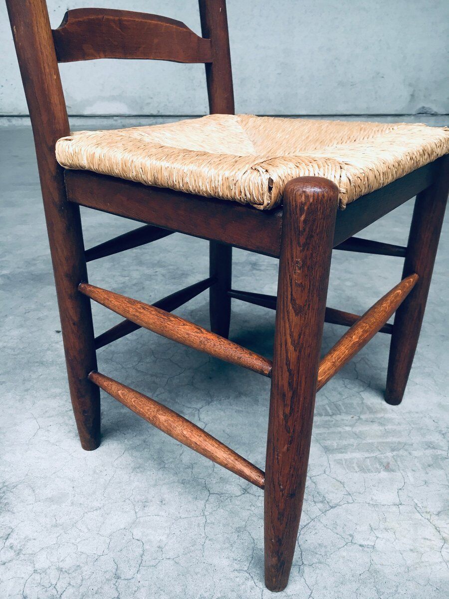 Rustic Ladder Back Oak and Rush Dining Chairs, 1960s, Set of 4