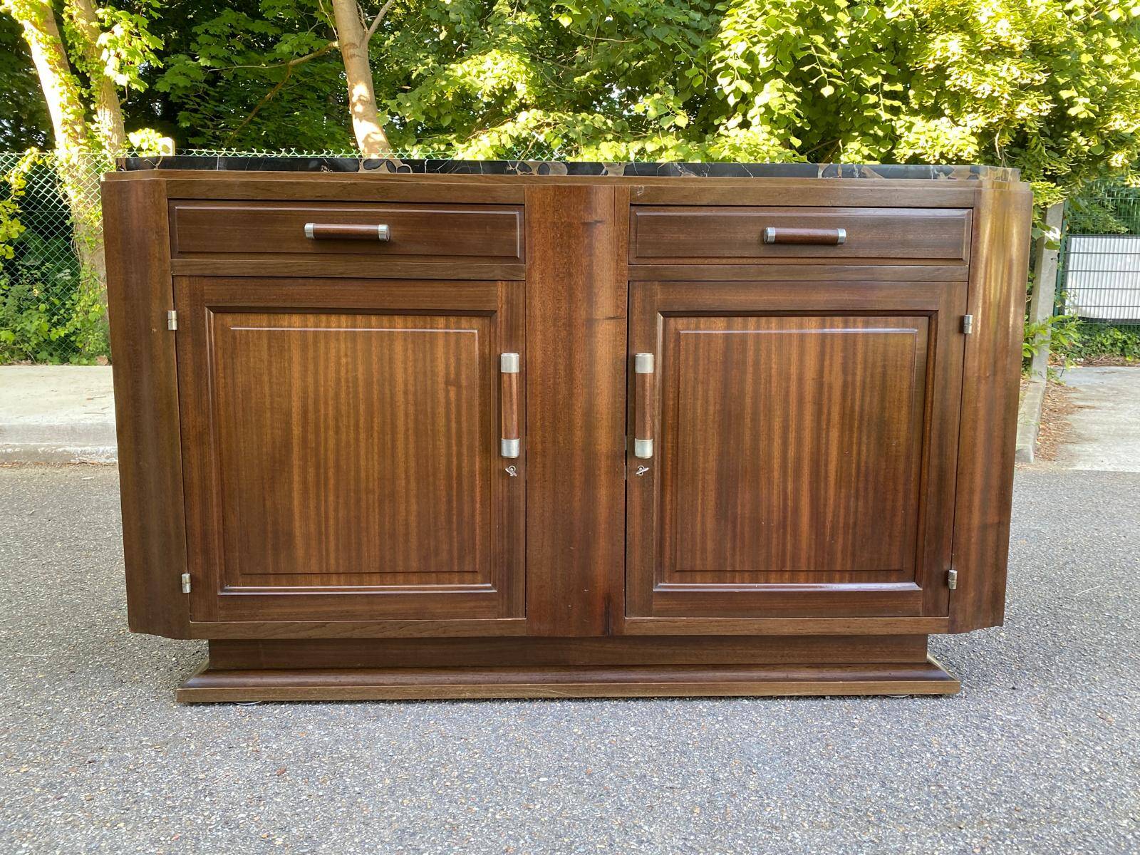 Vintage Parisian art deco sideboard in solid wood and black marble 180cm