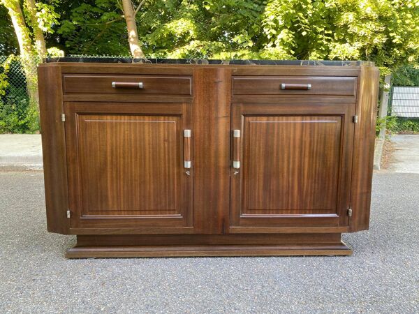 Buffet parisien art déco vintage en bois massif et marbre noir 180cm