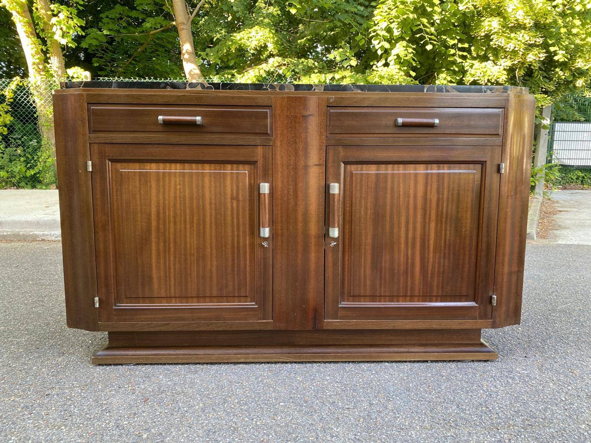 Vintage Parisian art deco sideboard in solid wood and black marble 180cm