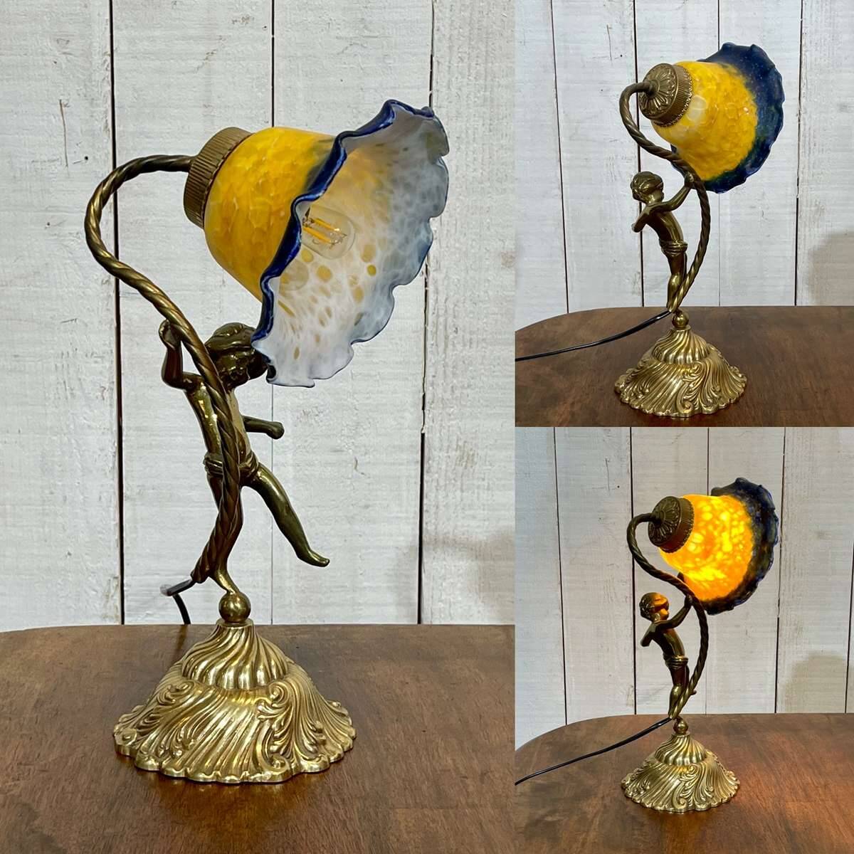 Bronze lamp with glass paste shade - work from the 1970s