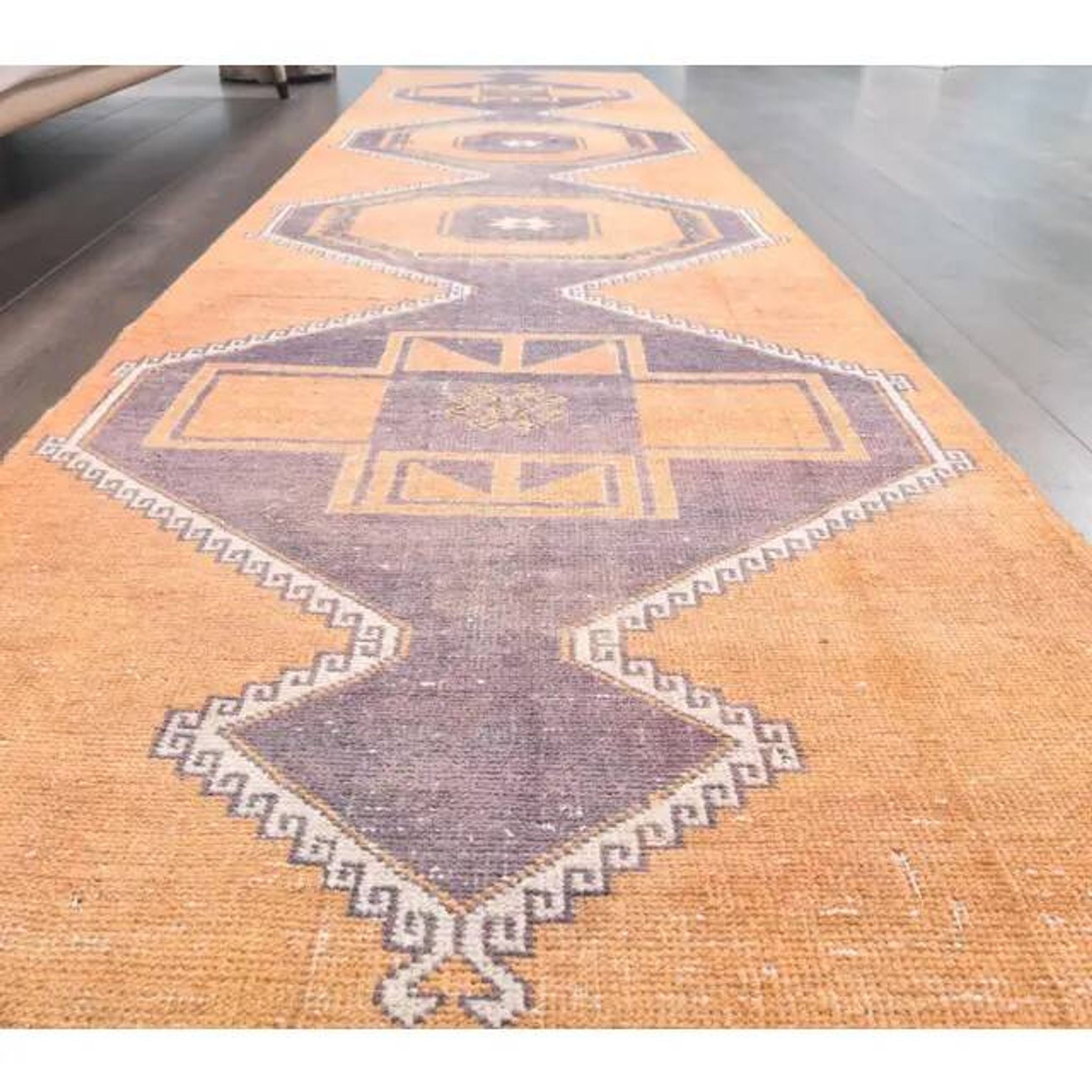 2'9x11'4 vintage orange geometric Turkish hand-knotted runner rug 87x348